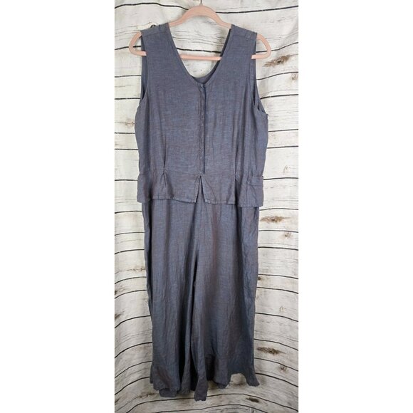 Flax Blue Linen Jumpsuit M Wide Leg Ruffle Snap Front Sleeveless Lagenlook - Picture 1 of 8